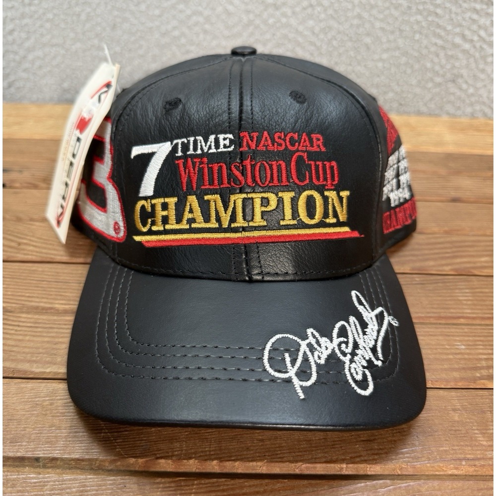 Vintage Nascar Hat‎ Mens Black Strap Back Leather Cap Dale Earnhardt 90s Y2K